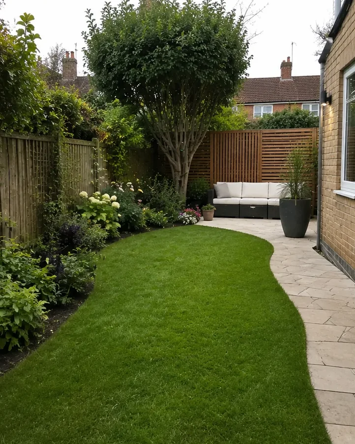 A landscaped backyard with lush lawn, garden beds and a paved patio