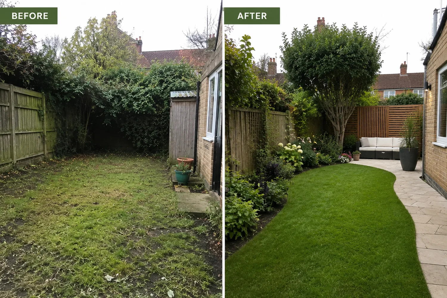A backyard before and after an STSB transformation — from tired, patchy and overgrown to a lush green lawn, landscaped garden beds and a paved patio